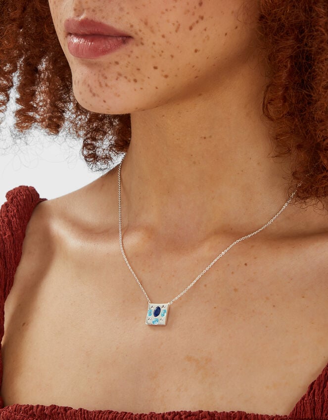 Accessorize Sterling Silver-Plated Stone Square Pendant Necklace