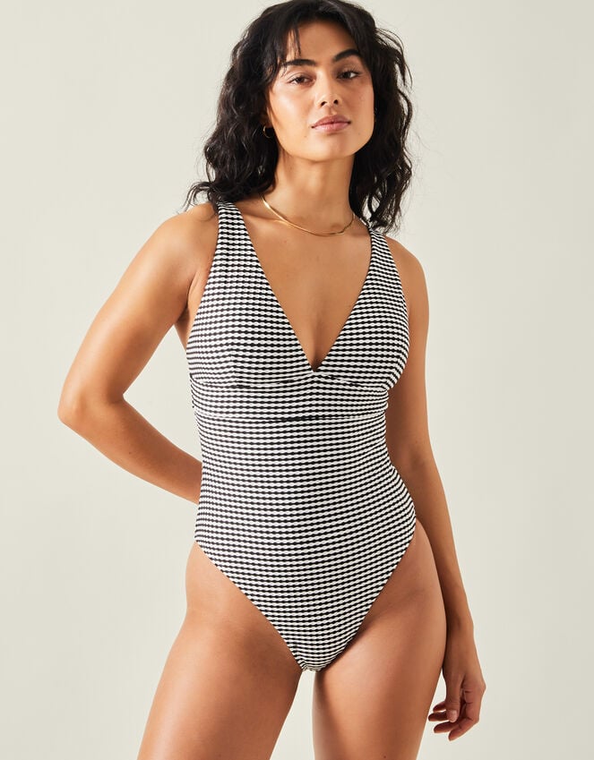accessorize Stripe Seersucker Plunge Swimsuit Black