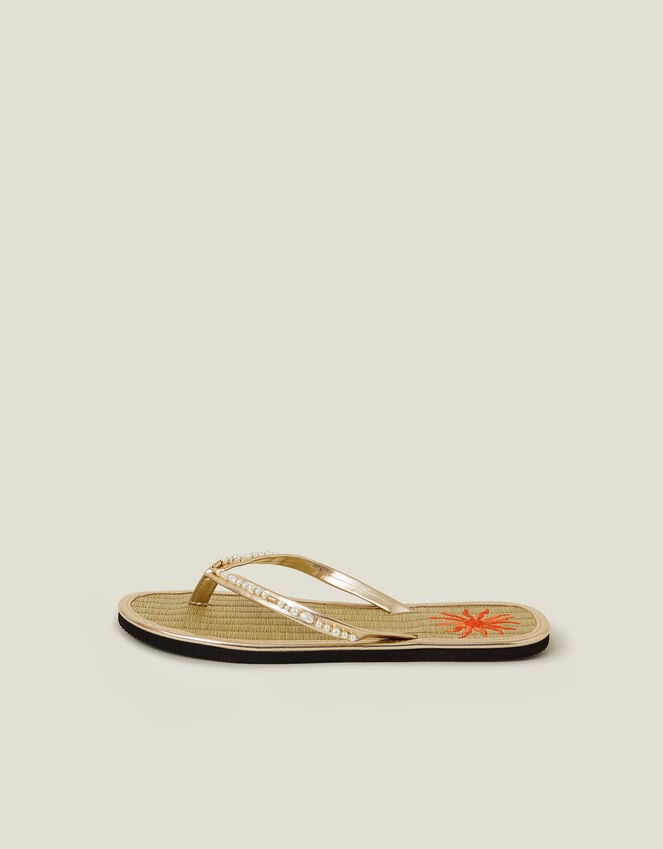 Accessorize Sun Embroidered Seagrass Flip Flops Gold