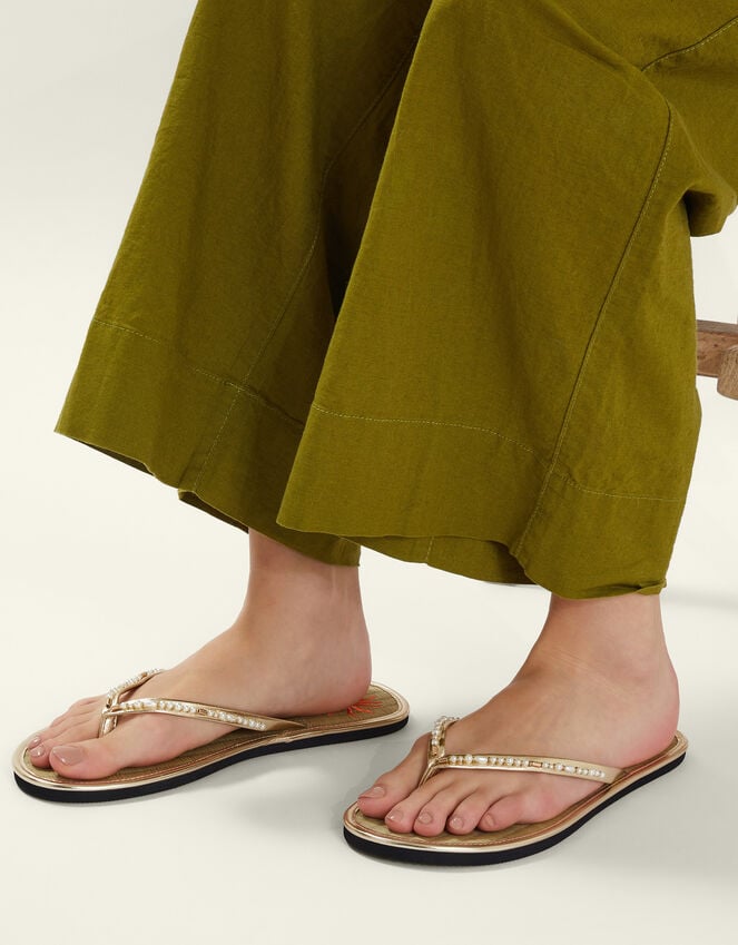 Accessorize Sun Embroidered Seagrass Flip Flops Gold