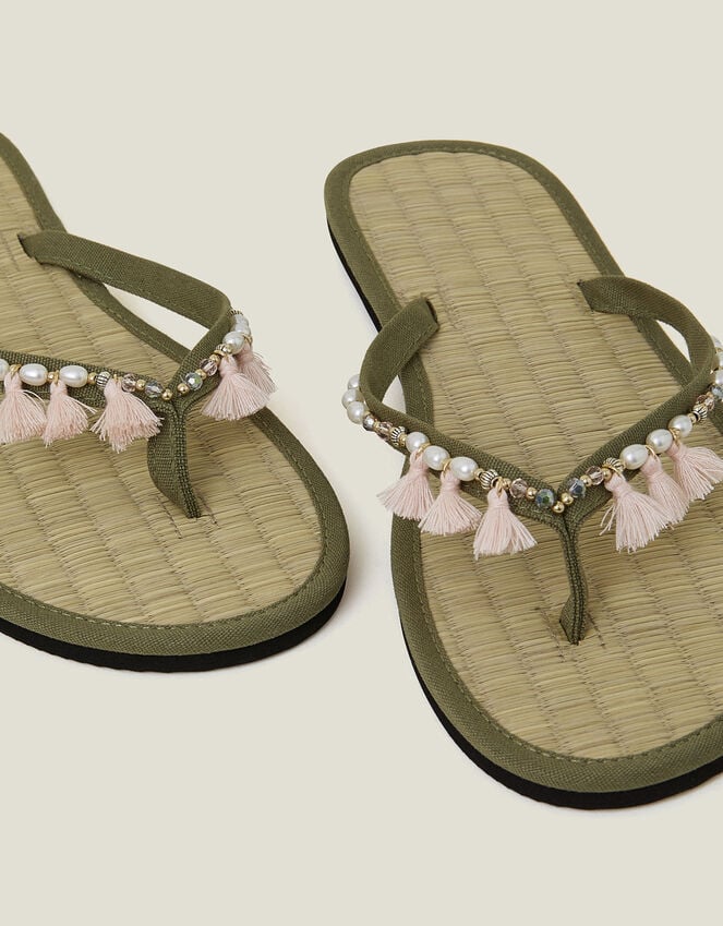 Accessorize Tassel Seagrass Footbed Flip Flops Green