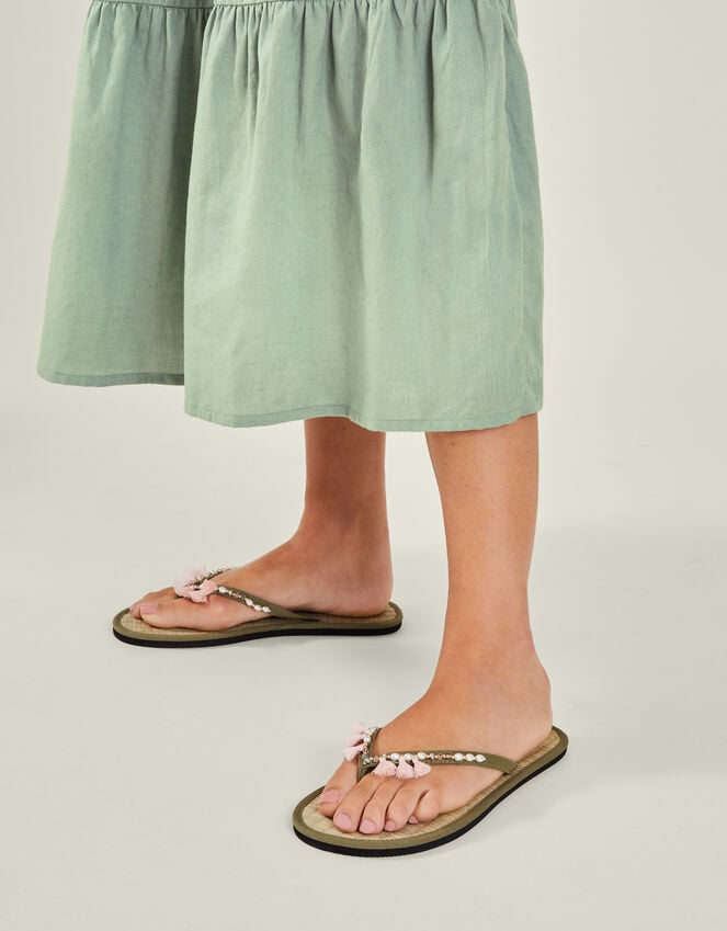 Accessorize Tassel Seagrass Footbed Flip Flops Green