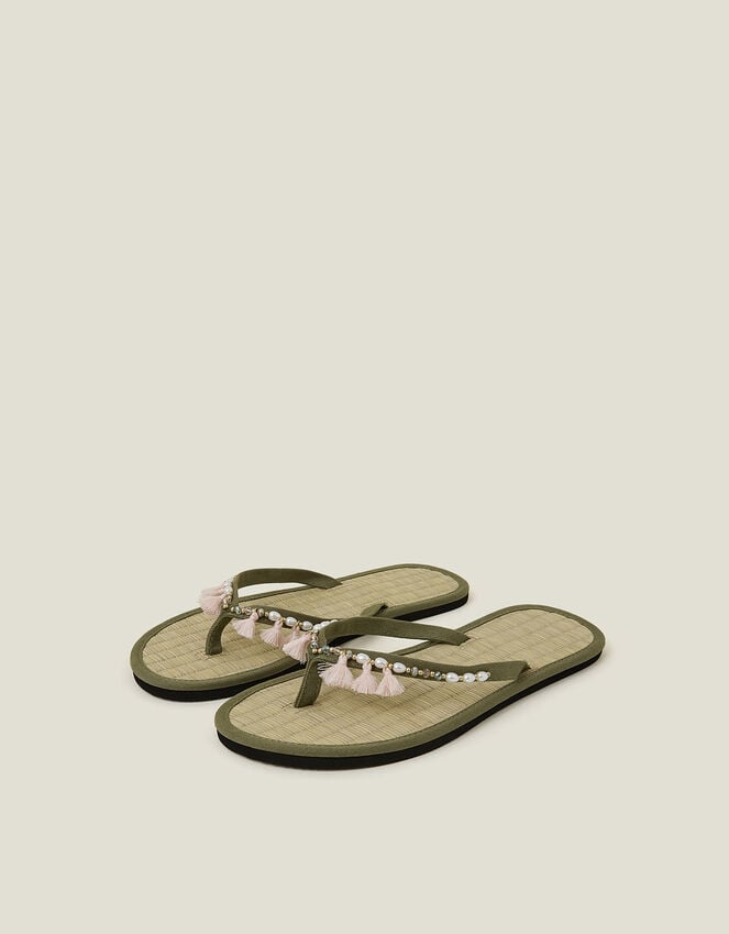 accessorize Tassel Seagrass Footbed Flip Flops Green