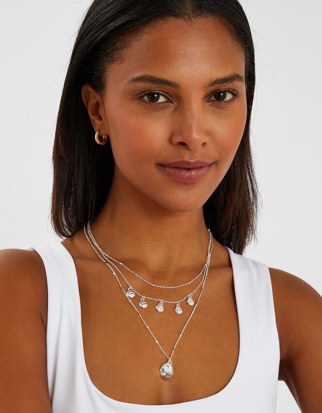 Accessorize Textured Disc Charm Layered Necklace Silver