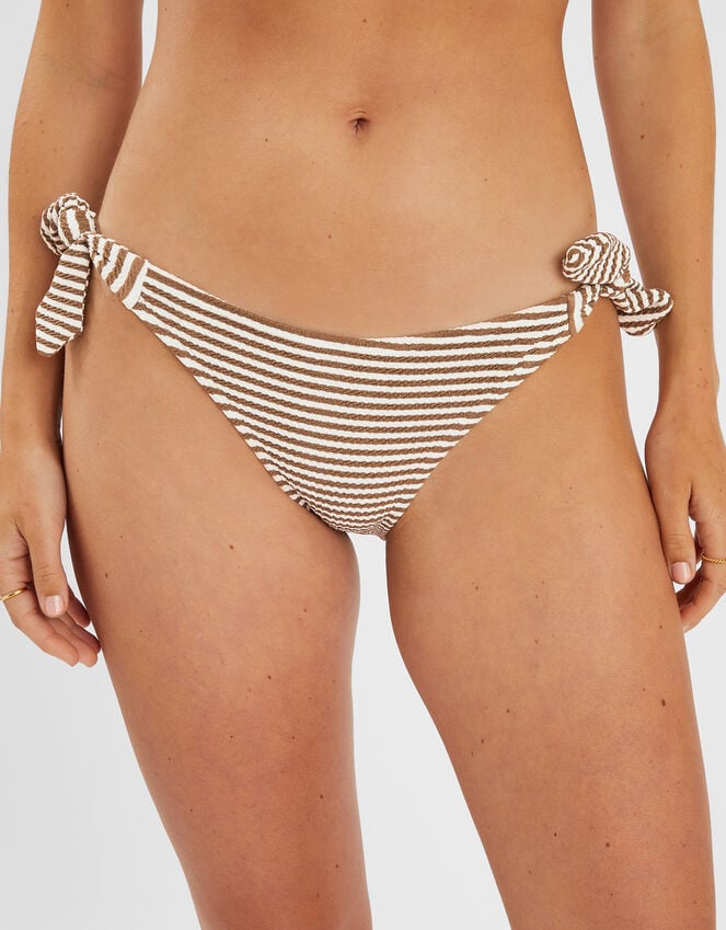 Accessorize Textured Stripe Tie Side Bikini Bottoms Camel