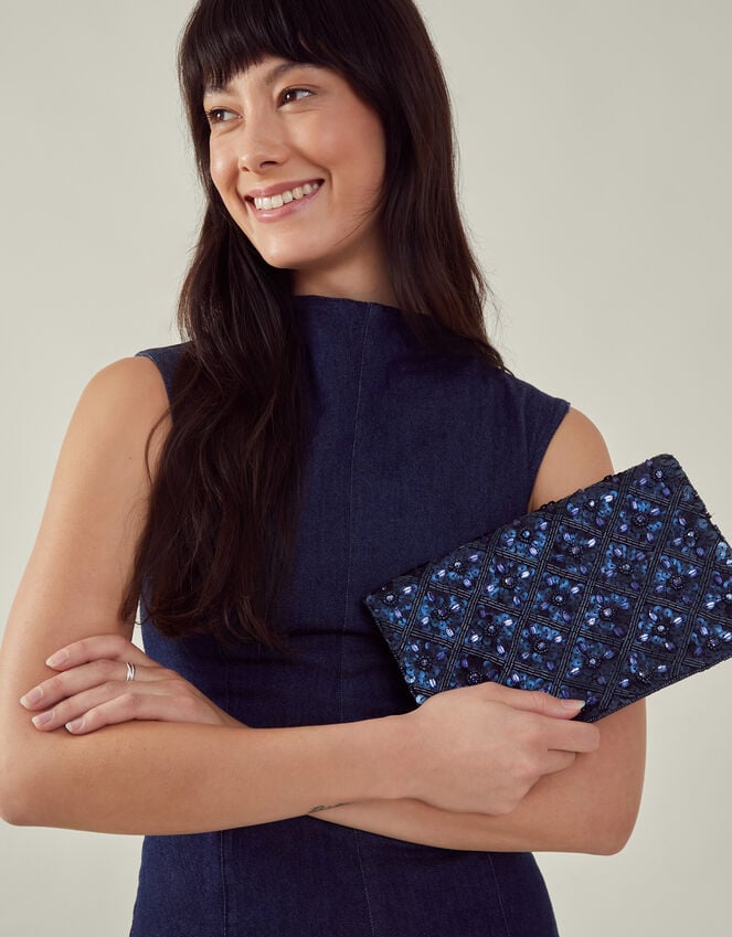 accessorize Tianna Metallic Embellished Clutch Bag Blue