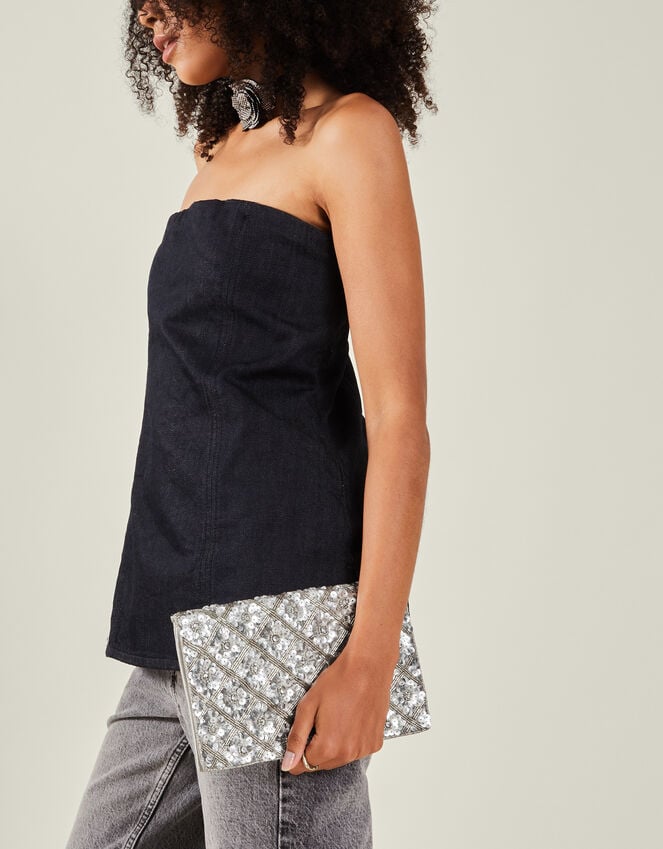 accessorize Tianna Metallic Embellished Clutch Bag Silver