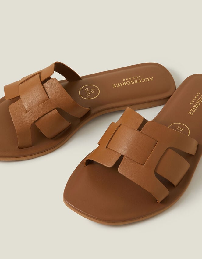 Accessorize Wide Fit Leather Geometric Slide Sandals Tan