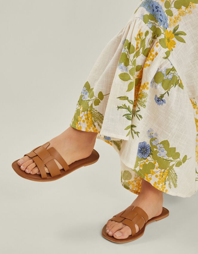 Accessorize Wide Fit Leather Geometric Slide Sandals Tan