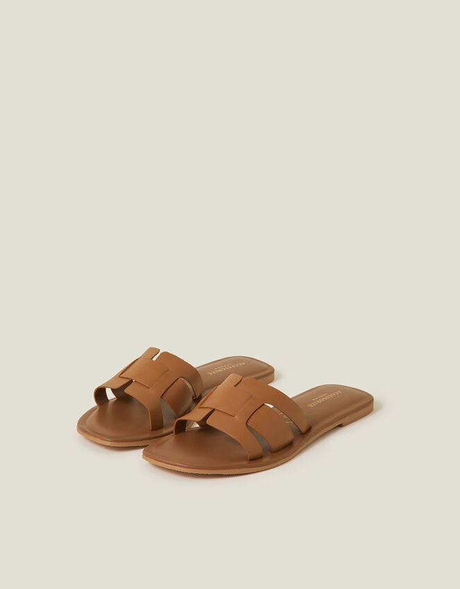 accessorize Wide Fit Leather Geometric Slide Sandals Tan