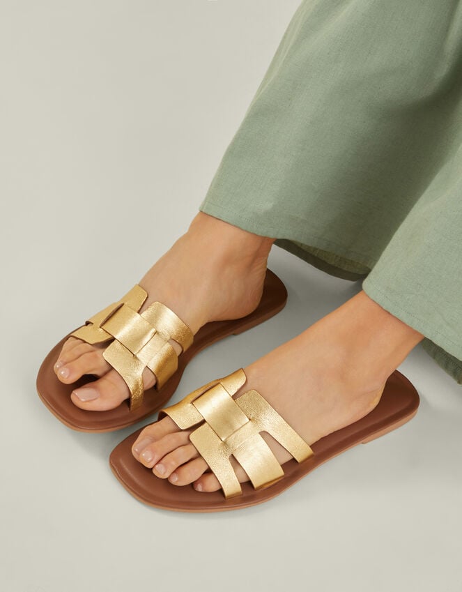 Accessorize Wide Fit Metallic Leather Cut-Out Slide Sandals Gold