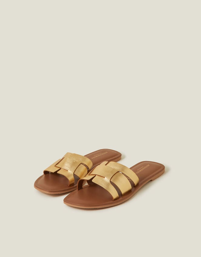 accessorize Wide Fit Metallic Leather Cut-Out Slide Sandals Gold