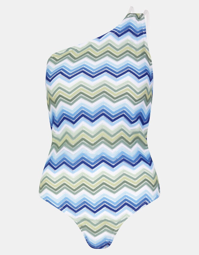 Accessorize Zig Zag Crochet One Shoulder Swimsuit Blue