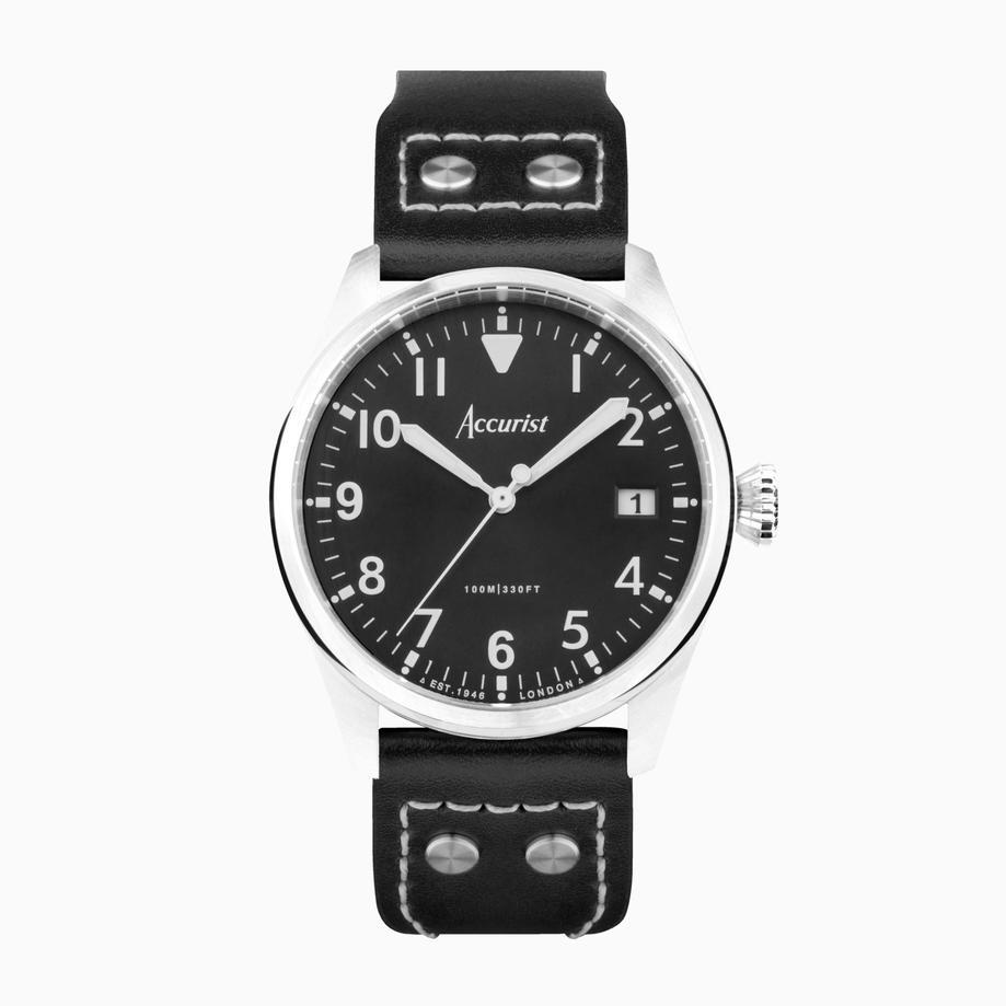 accurist Accurist Aviation Men's Watch | Silver Case & Black Leather Strap with Black Dial | 41mm