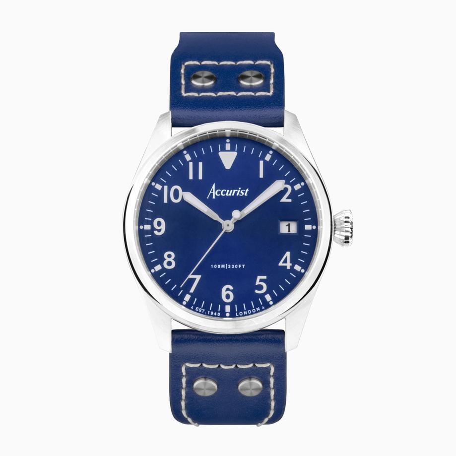 accurist Accurist Aviation Men's Watch | Silver Case & Blue Leather Strap with Windsor Blue Dial | 41mm