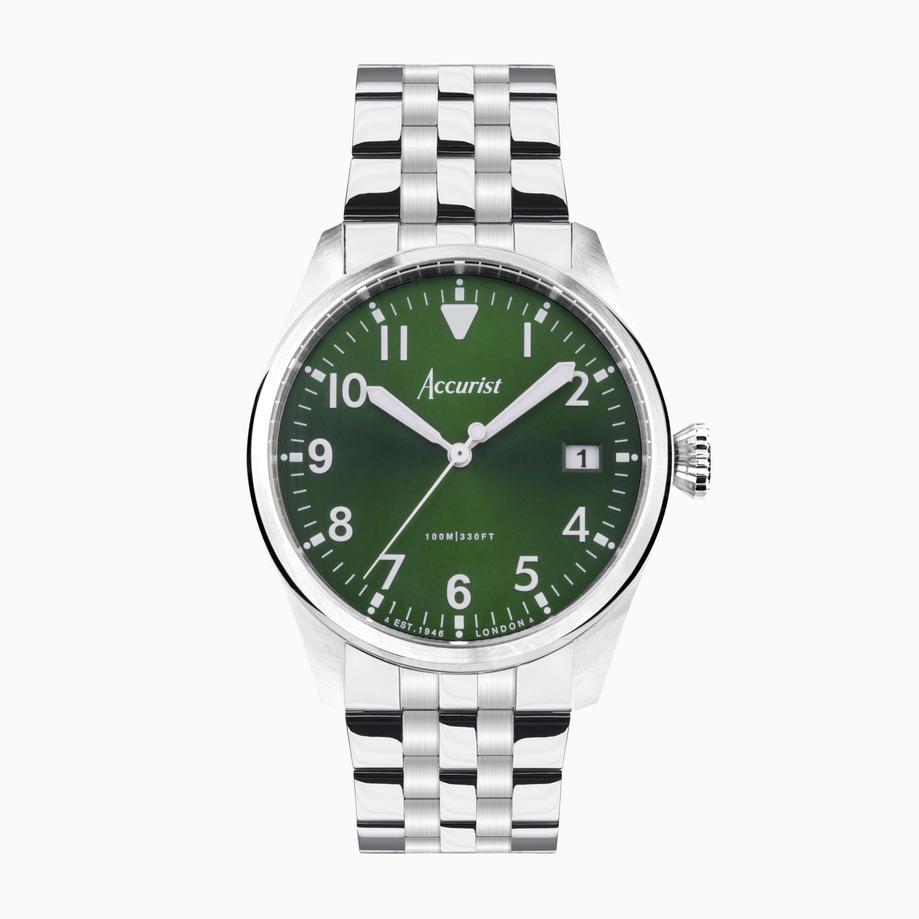 accurist Accurist Aviation Men's Watch | Silver Case & Stainless Steel Bracelet with Forest Green Dial | 41mm