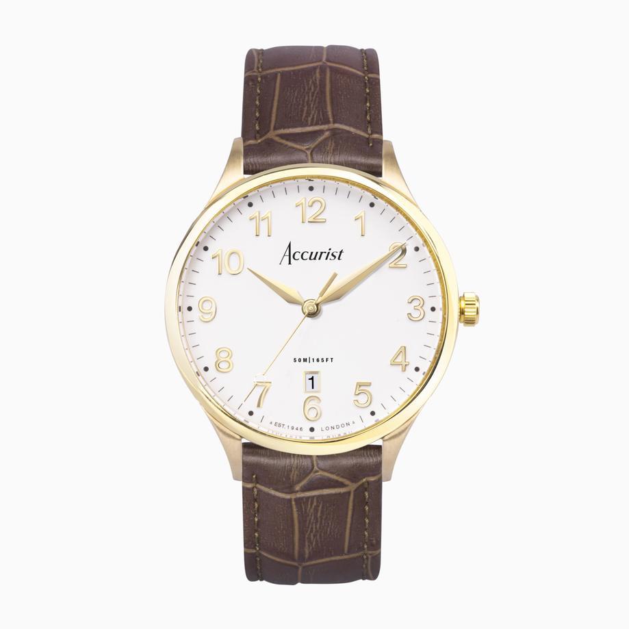accurist Accurist Classic Men's Watch | Gold Case & Brown Leather Strap with White Dial | 37mm