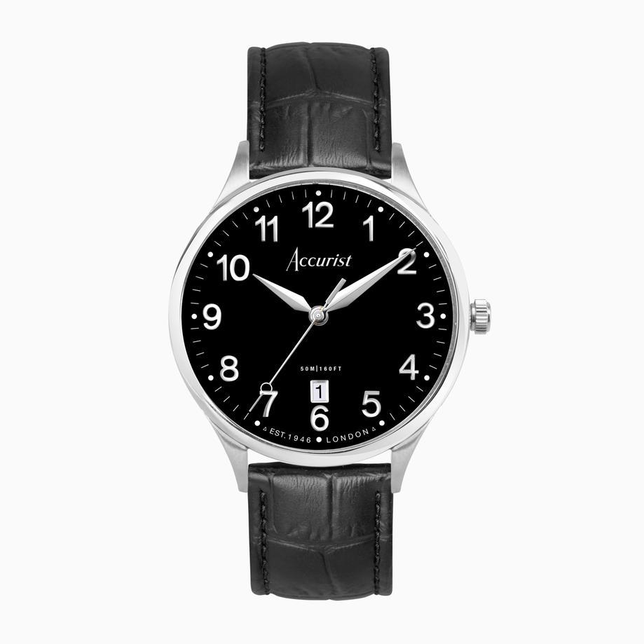 accurist Accurist Classic Men’s Watch | Silver Case & Black Leather Strap with Black Dial | 37mm