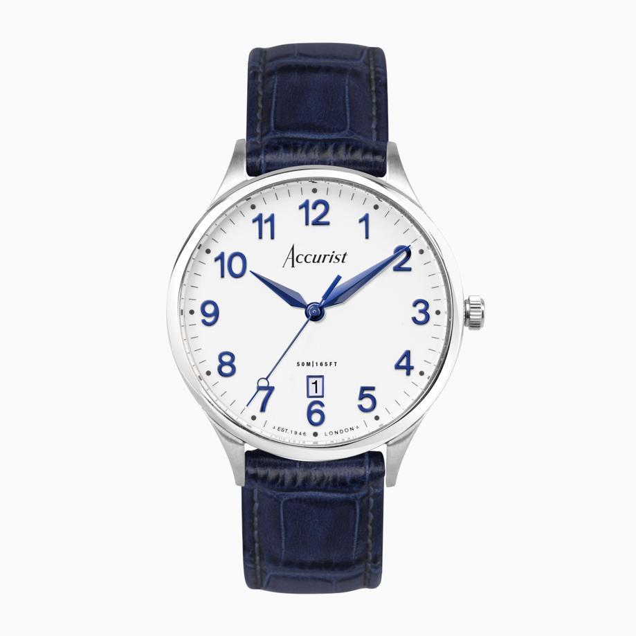 accurist Accurist Classic Men's Watch | Silver Case & Blue Leather Strap with White Dial | 37mm