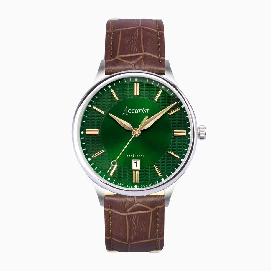 accurist Accurist Classic Men’s Watch | Silver Case & Brown Leather Strap with Lawn Green Dial | 37mm