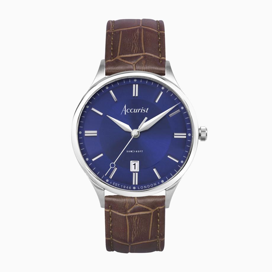 accurist Accurist Classic Men's Watch | Silver Case & Brown Leather Strap with Windsor Blue Dial | 37mm