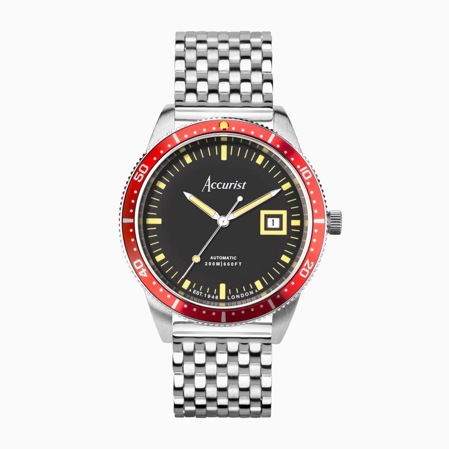 accurist Accurist Dive Automatic Men’s Watch | Silver Stainless Steel Case & Bracelet with Black Dial | 42mm