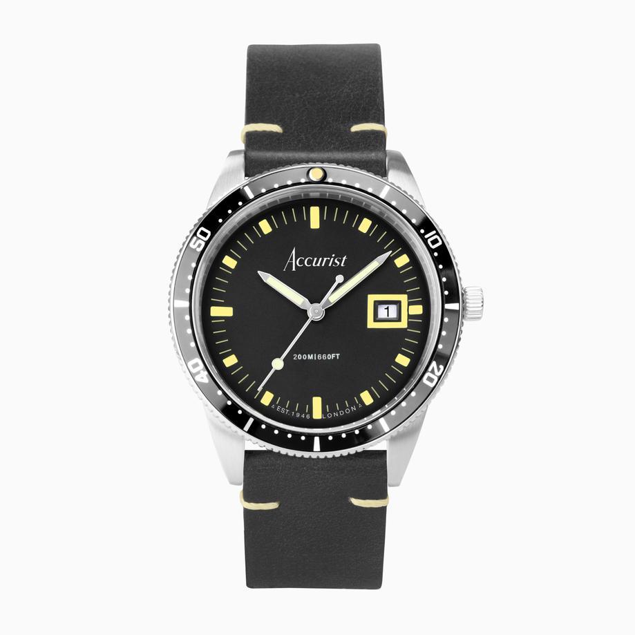 accurist Accurist Dive Men's Watch | Silver Case & Black Leather Strap with Black Dial | 42mm
