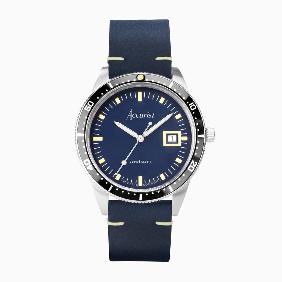 accurist Accurist Dive Men's Watch | Silver Case & Blue Leather Strap with Windermere Blue Dial | 42mm