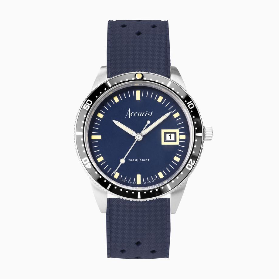 accurist Accurist Dive Men's Watch | Silver Case & Blue Rubber Strap with Windermere Blue Dial | 42mm