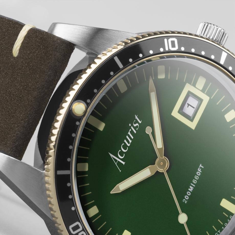 Accurist Accurist Dive Men's Watch | Two Tone Case & Brown Leather Strap With Samphire Green Dial | 42mm
