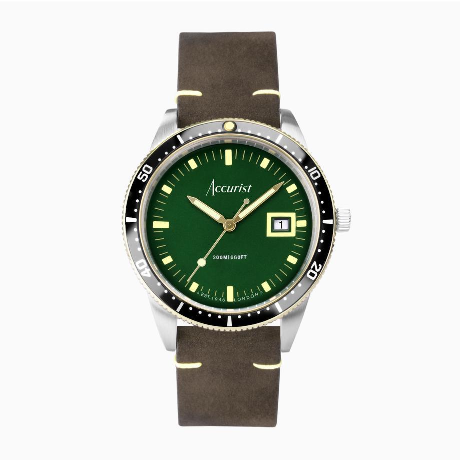 accurist Accurist Dive Men's Watch | Two Tone Case & Brown Leather Strap with Samphire Green Dial | 42mm