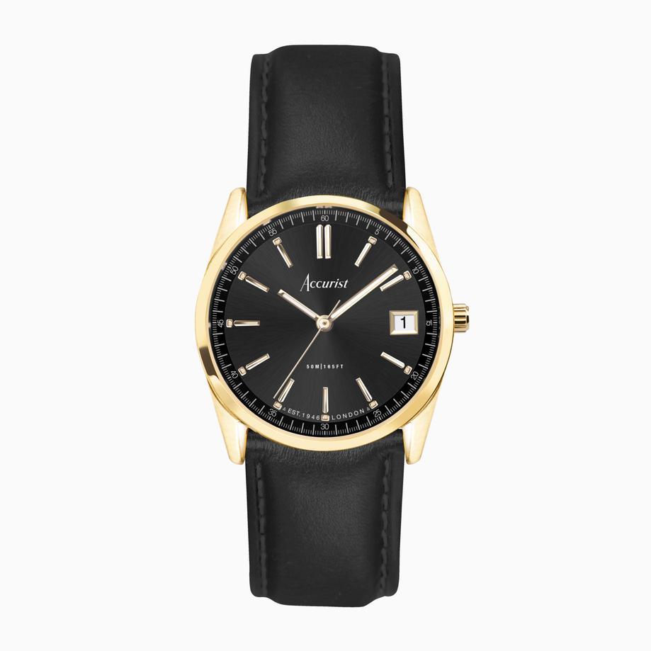 accurist Accurist Everyday Ladies Watch | Gold Case & Black Leather Strap with Black Dial | 30mm