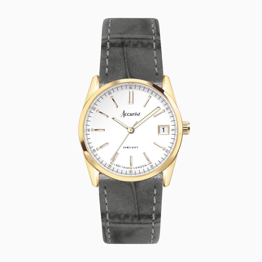 accurist Accurist Everyday Ladies Watch | Gold Case & Grey Leather Strap with White Dial | 30mm