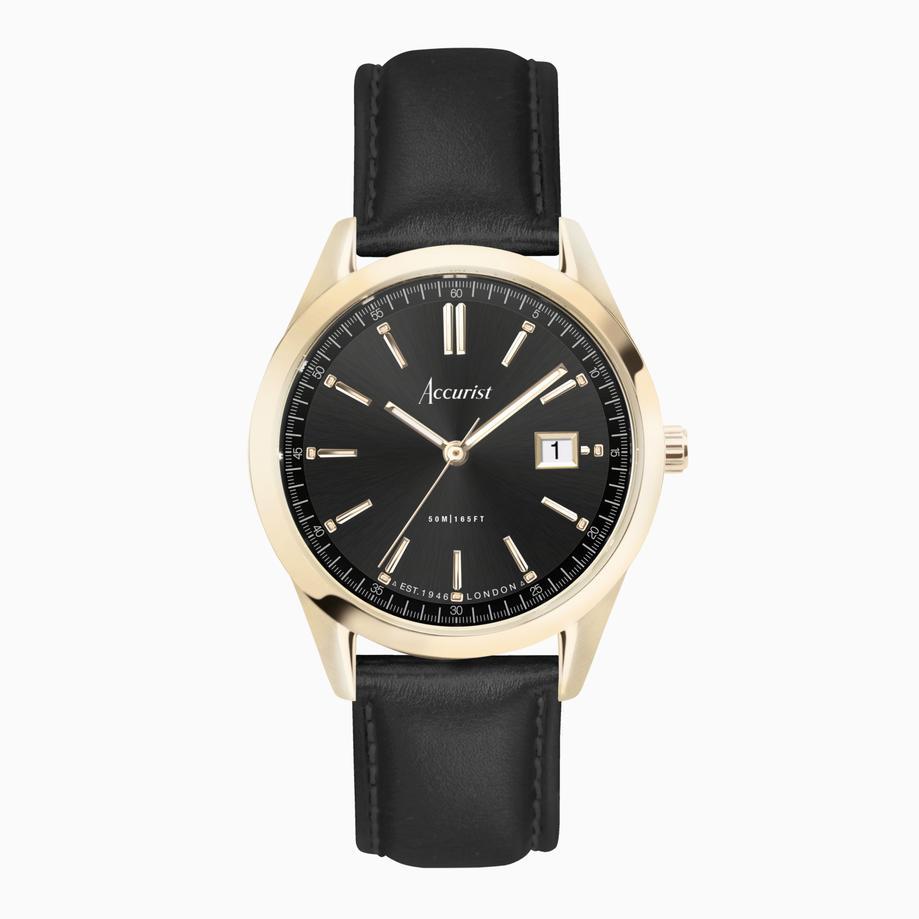 accurist Accurist Everyday Men's Watch | Gold Case & Black Leather Strap with Black Dial | 40mm
