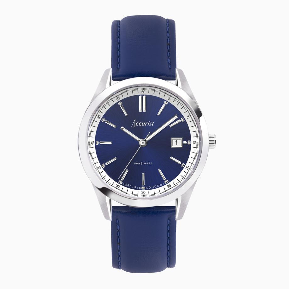 accurist Accurist Everyday Men's Watch | Silver Case & Blue Leather Strap with Oxford Blue Dial | 40mm