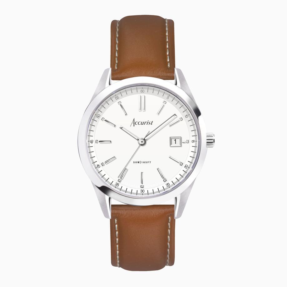 accurist Accurist Everyday Men's Watch | Silver Case & Brown Leather Strap with White Dial | 40mm