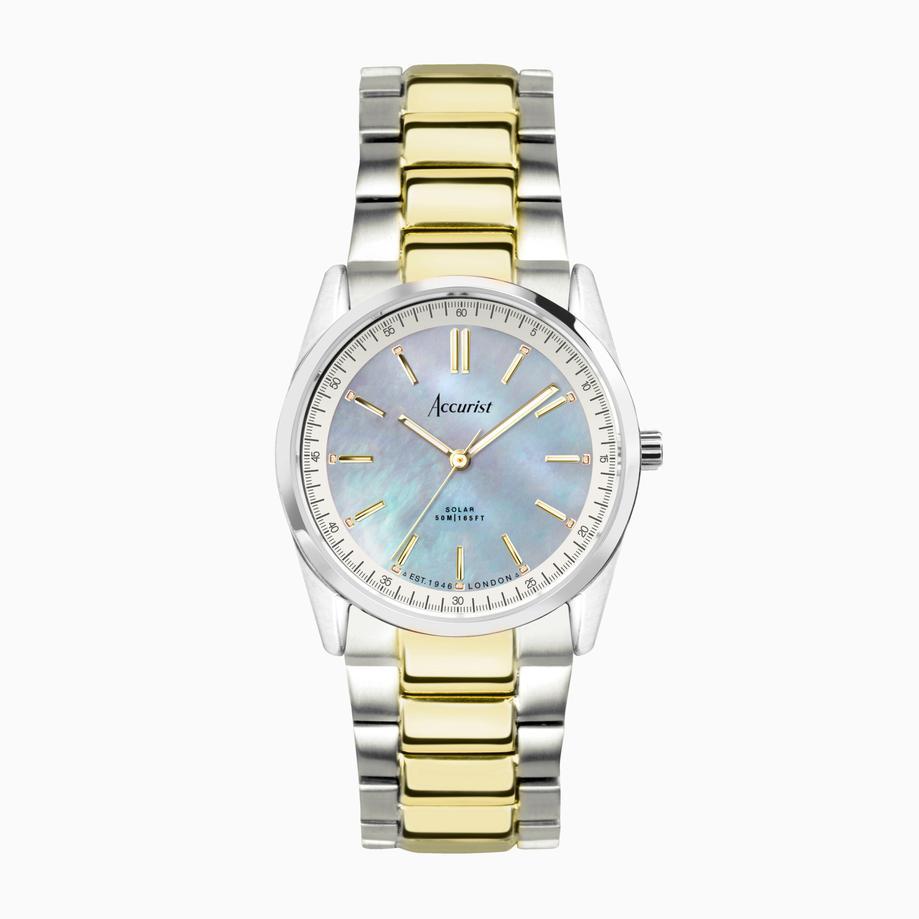 accurist Accurist Everyday Solar Ladies Watch | Silver Stainless Steel Case & Two Tone Bracelet with Blue Mother-of-Pearl Dial | 30mm