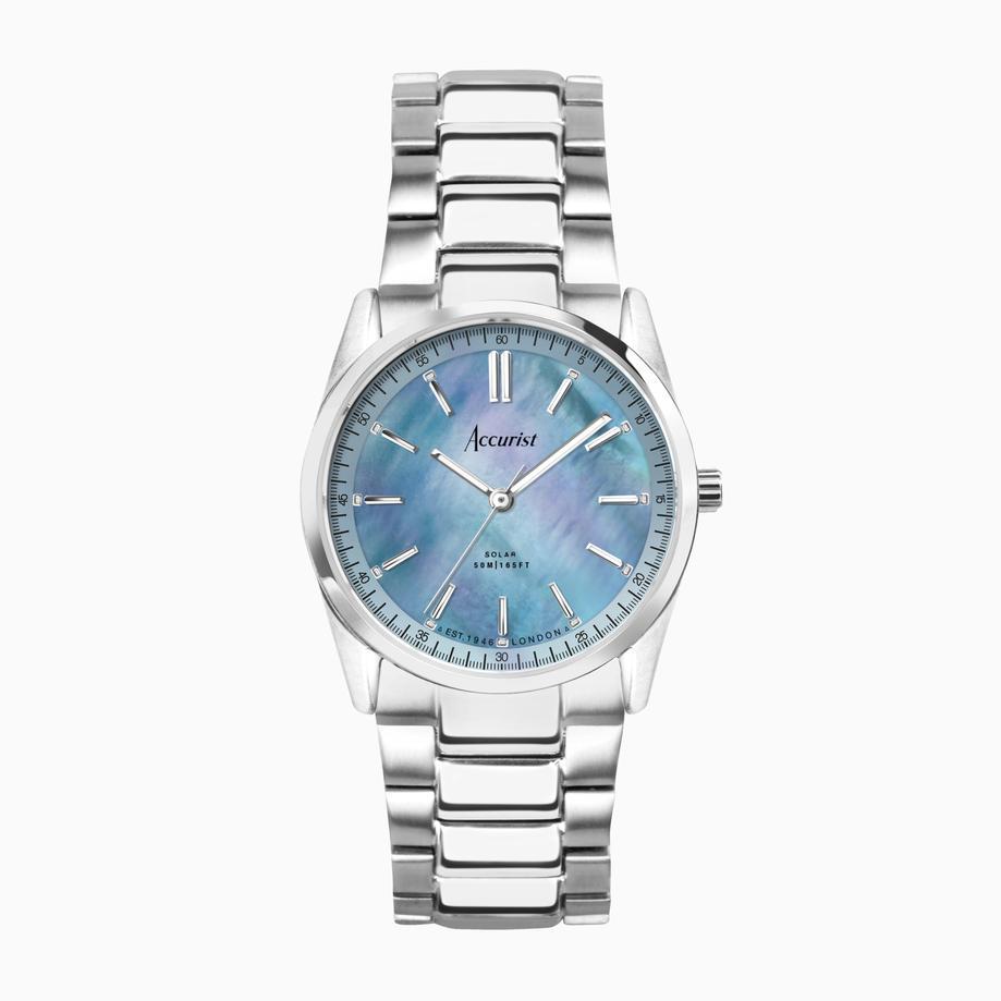 accurist Accurist Everyday Solar Ladies Watch | Silver Stainless Steel Case & Bracelet with Blue Mother-of-Pearl Dial | 30mm