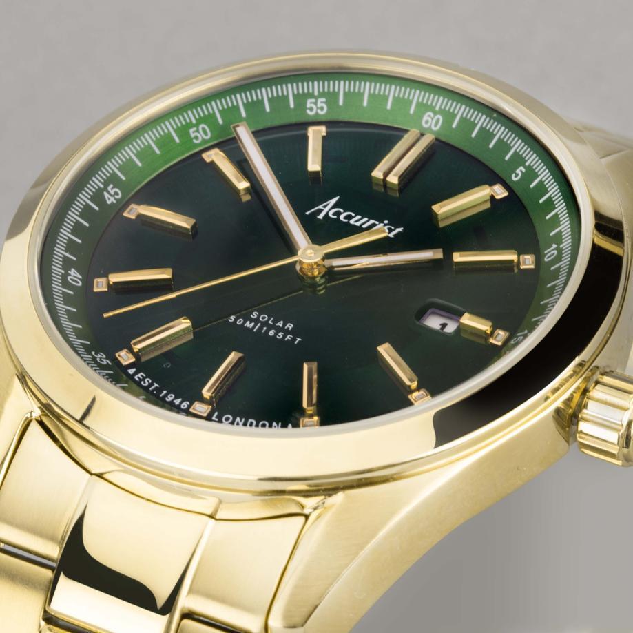 Accurist Accurist Everyday Solar Men’s Watch | Gold Stainless Steel Case & Bracelet With Green Dial | 40mm