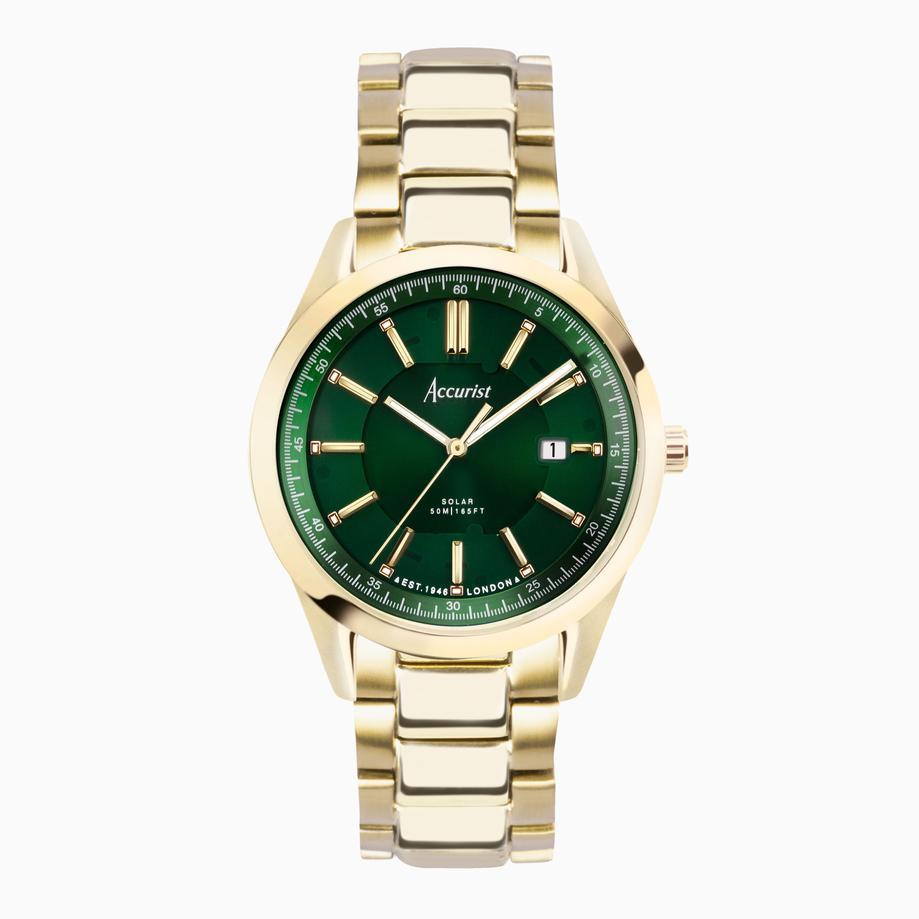 accurist Accurist Everyday Solar Men’s Watch | Gold Stainless Steel Case & Bracelet with Green Dial | 40mm