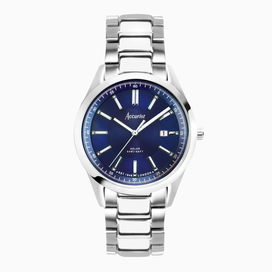 accurist Accurist Everyday Solar Men’s Watch | Silver Stainless Steel Case & Bracelet with Blue Dial | 40mm