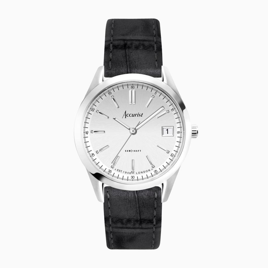 accurist Accurist Everyday Unisex Watch | Silver Case & Black Leather Strap With Silver Dial | 36mm