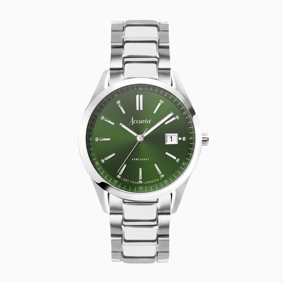 accurist Accurist Everyday Unisex Watch | Silver Case & Stainless Steel Bracelet With Forest Green Dial | 36mm