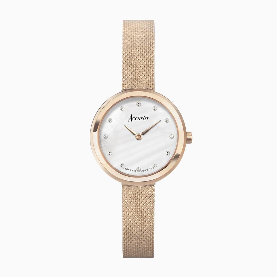 accurist Accurist Jewellery Ladies Watch | Rose Gold Case & Stainless Steel Mesh Bracelet with Mother of Pearl Dial | 28mm