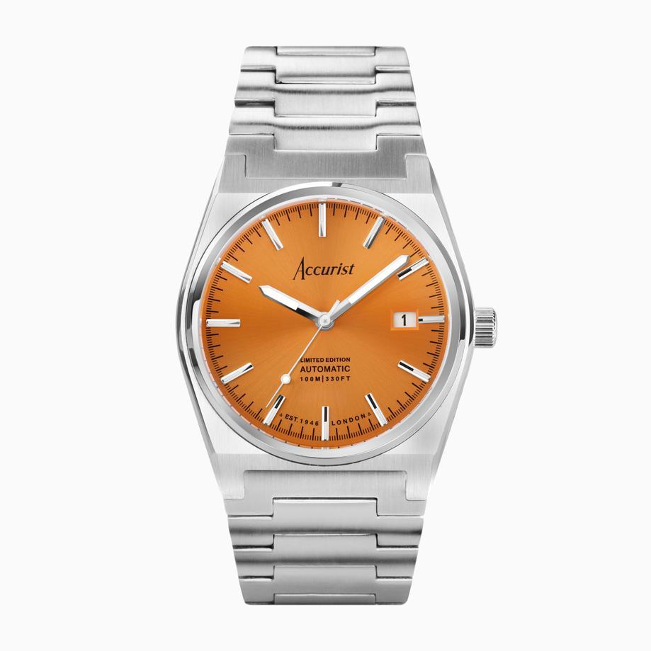 accurist Accurist Limited Edition Origin Automatic Men’s Watch | Silver Case & Stainless Steel Bracelet with Orange Dial | 41mm
