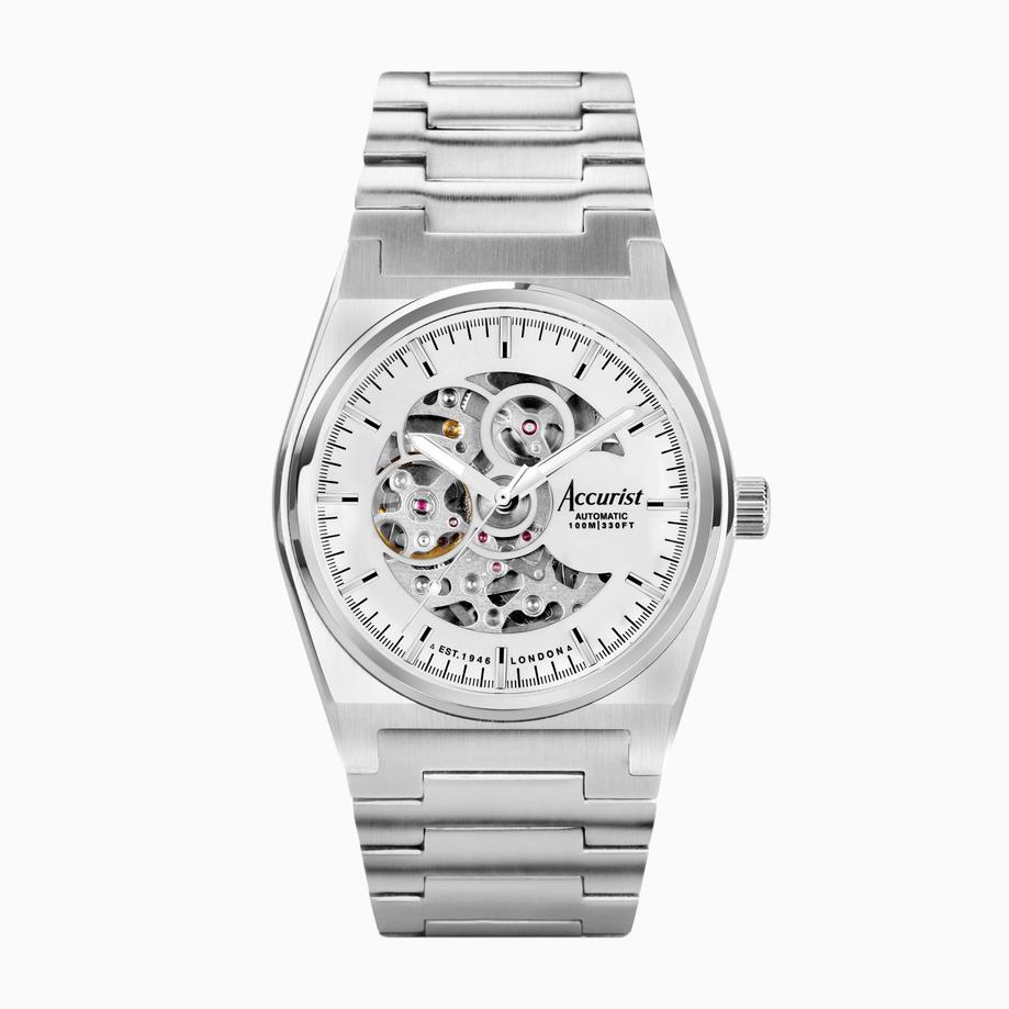accurist Accurist Origin Automatic Men’s Watch | Silver Stainless Steel Case & Bracelet with Skeleton Dial | 41mm