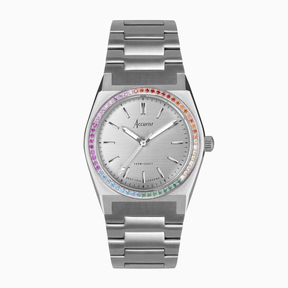 accurist Accurist Origin Ladies Watch | Rainbow Stone Set Case & Stainless Steel Bracelet with Silver Dial | 34mm