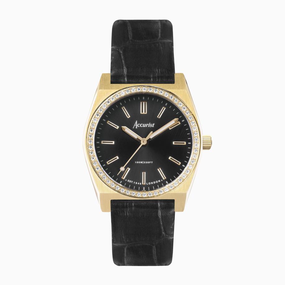 accurist Accurist Origin Ladies Watch | Silver Case & Black Leather Strap with Black Dial | 34mm