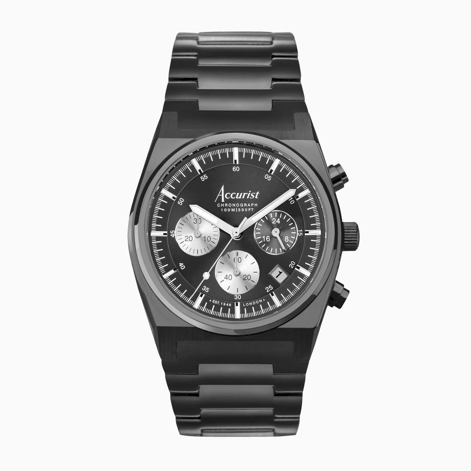 accurist Accurist Origin Men's Chronograph Watch | Black Case & Stainless Steel Bracelet with Black Dial | 41mm