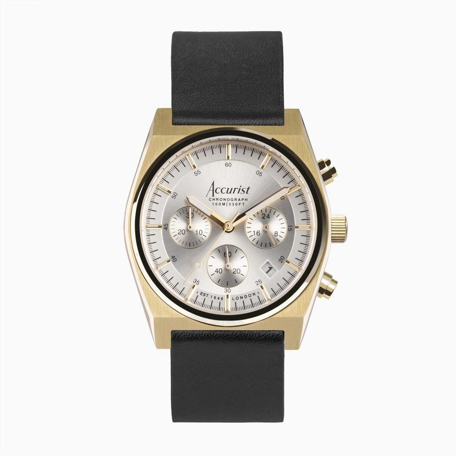 accurist Accurist Origin Men's Chronograph Watch | Gold Case & Black Leather Strap with Silver Dial | 41mm